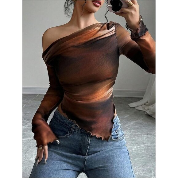 Women's Tie Dye Mesh Off Shoulder T Shirt Long Sleeve Ruched Fitted Tee - Picture 5 of 5